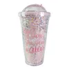 16oz Tumblers de plástico estrelas de doodle dobraram xícaras lindas com palha e tampa de caneca de caneca de caneca de vidro original Girls Girl