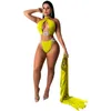 Sexy saia longa três cores praia cor sólida halter dividir maiô biquíni + blusa de três peças conjunto de maiô