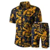 Летняя повседневная приталенная футболка, мужские рубашки и шорты, комплект, новая гавайская рубашка с принтом, Homme, короткие мужские костюмы с принтом, комплекты костюмов Plu344F