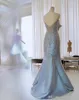 Actul Picturs Elegant Sky Blue Beadings Mermaid Evening Dresses Long Sleeves Formal Dress Evening Gowns Abendkleider robe de soiree