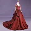 Wine Red Long Sleeve Wedding Dress With Ruffle Lace Beads Pleated Tiered Taffeta Scoop Hollow Back Plus Size Wedding Dresses Bridal Gowns