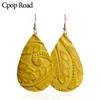 Cpop Vintage Printing Water Drop Genuine Leather Earrings for Women Pendant Statement Dangle Earring Fashion Jewelry Accessories