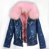 2019 Soğuk dayanıklı kadın kar ceketler pembe rakun kürk trim pembe tilki kürk astar mini koyu mavi delik denim parkas