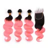 Virgin Peruvian Ombre Pink Human Hair Body Wave Weave Bundles 3Pcs and Closure #1B/Rose Gold Ombre Hair Wefts with 4x4 Lace Closure