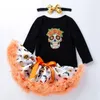 Novo estilo crianças roupas de Halloween crânio manga longa top e saia tutu com faixa de cabelo vestido de festa atacado