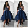 Navy Hi Low Lace Cocktail Party Prom Evening Dresses Formal Gowns One shoulder Applique Short Front Long Back Homecoming Party Dress