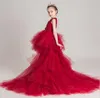 Rotes Tüll-Blumenmädchenkleid, Festzug, Abend, Party, Hochzeit, Kinderkleider für Mädchen, lange Schleppe, Geburtstag, Prinzessin, Kommunion, Kostüme