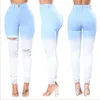 TCJULLY NEW Blue White Gradient Повседневная джинсы для женщин HORE разорванные тощий толчок карандаш брюки с высокой талией стрейч тонкие джинсы