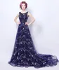 Mingli Tengda Dark Blue Blue Sexy Blackless Long Bride結婚式の夕食去り輝く星のウェディングドレスストライプエレガントなブライダルガウンローブ