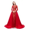 2020 Dark Green Actual Image Prom Dresses Long Sleeves Sequined Lace Mermaid Detachable Train Sequins Champagne Red Evening Party Gowns Wear