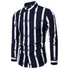 Men Shirt Splicing Striped Business Shirts Leisure Retro Long-sleeved Shirt Top Turn-down Collar Blouse Plus Size Camisas Hombre