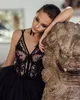 Black Lace Prom Dresses V Neck A Line Pleated Evening Gowns Plus Size Tea Length Tulle Tiered Formal Dress