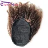 Drawstring Human Hair Ponytail Afor Kinky Curly Peruvian Virgin Hairpiece Pony Tails Med Clip In För Svarta Kvinnor # 4 Mörk Brown Extensions