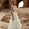 Hot Sell 2020 A-line Floral Wedding Dresses Spaghetti Strap Sleeveless Beaded Pearls Wedding Dresses Ruched Tulle Sweep Train Bridal Gown