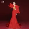 Ricamo Abiti da sera da sera per donna Qipao lungo Trailing Mermaid Cheongsam rosso Abito da sposa di lusso cinese sexy moderno