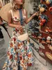 두 조각 세트 여름 소매 자르기 상단 및 꽃 인쇄 드레스 레트로 여성 세트 Boho Maxi consaal suit 휴일 해변 세련된 vestido