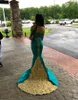 Hunter Green Satin Mermaid Long Prom Dresses 2020 Off the Shoulder Gold 3d Floral Lace Applique Gefared Formal Long Party Evening D7687084