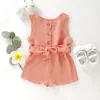 Baby Rompers Kids Bowknot Belt Jumpsuits Infant Summer Button Solid Onesies Toddle Boutique Sleeveless Bodysuit Infant Climb Suit YP309