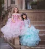 Colorful Princess Ball Gown Pageant Dresses Tulle Layered Ruffles Sheer Crew Neck 1/2 Sleeves Long Formal Flower Girl Dress For Kids