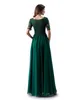 Verde escuro a linha longo modesto vestido de baile com mangas meia rendas topo chiffon saia do assoalho womrn formal vestido de noite qua vestido de festa
