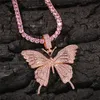 Oced Out Pink Butterfly Ожерелье Подвеска с теннисной цепью Микро Вымощенные Кубический Циркон Мужские Хип Хоп Ювелирные Изделия Подарок