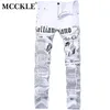 MCCKLE 2017 Autumn Men Denim Trousers White Printing Newspaper Casual Pants Mens Painted Skinny Jeans For Man size 28-421