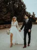 Cheap Sexy Deep V Neck Bohemian Beach Wedding Dresses A Line Lace Chiffon High Side Split Floor Length Wedding Dress Bridal Gowns