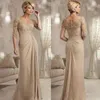 Champagne Half Sleeves Lace Mermaid Mother Of the Bride Dresses 2022 with Appliques Sweep Train Chiffon Evening Party Gowns