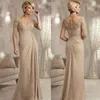 Champagne Half Sleeves Lace Mermaid Mother Of the Bride Dresses 2022 with Appliques Sweep Train Chiffon Evening Party Gowns