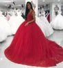 Nowa niesamowita czerwono -balowa suknia ślubna Księżniczka V Neck Spighetti Applique Rucheed Bridal Wedding Suknie plus quinceanera noszenia