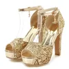 Hot Style-High Heels Platform Sandals Kvinnor Sexig Plus Storlek Ankelband 2020 Ladies Sommar Sandaler Glitter Peep Toe Sexig Bröllop Skor Guld