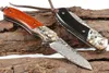 Высочайшее качество Дамаск Шаровой подшипник Flipper Складной нож VG10 Damascus Steel Клинок Wood + Shell Ручка с кожаной оболочкой