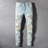 Heren jeans 2021 Patchwork Paisley Printed Biker Light Blue Gaten Ripped Skinny Stretch Denim Pants Broek