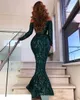 Musujące arabski Off Ramię Mermaid Prom Dresses 2021 Wzór Koronki Cekiny Aplikacja Długie Rękawy Formalne Suknie Wieczorowe Dress