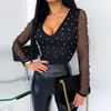 Fashion Sexy Beading Mesh See Through Low Cut Skinny Long Sleeve Women Blouse Sexy Tops and Shirt Long Sleeve Women Shirt