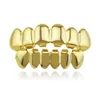 Unisex Hip Hop Zähne Grillz Metall vergoldet 6 oben und 6 unten Gold falsche Zähne Set Vampir Grillz Halloween Kostüm Hip Hop Schmuck