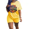 Летние женские шорты Спортивный костюм с коротким рукавом футболки, топы + шорты 2 шт. Набор модных футболок, короткие брюки, наряды Jogger Спортивный костюм Одежда