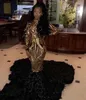 Black Mermaid Long Sleeves Prom Dresses Gold Lace Applique Sweep Train with Handmade Flowers Luxury Formal Occasion Wear Evening Gown