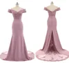 2020 Nouvelle arrivée Pink V cou de l'épaule des applications en dentelle vintage sirène perlée robes de demoiselle d'honneur robes de fête Vestido de Festa