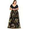 Rosegal plus storlek blommig sequined maxi dress kvinnor djupa v hals kortärmad damer klänningar elegant kväll fest vestidos klänning t5190613