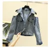 Neues Design Damen drehen Kragen von Schulter sexy Mode Nieten Patchwork Denim Jeans Kurzmanteljacke Casacos