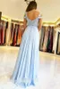 2020 Thigh High Slit Light Blue Bridesmaid Wedding Guest Dresses Cold Shoulder Beaded Lace Draped Chiffon Long Formal Dress Evening Wear