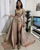 2020 Side Split Prom Dresses Sexy Arabic Gold Lace Beaded Long Sleeve Evening Wear Party Gown Robe De Soiree
