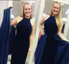 Ciemnoniebieskie sukienki aksamitne wieczorne zużycie pociągu Wysokiej szyi Sukienka Promowa Długa 2019 Elegancka formalna suknie Specjalna sukienka