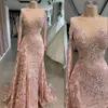 Vintage Arabic New Blush Pink Prom Dresses Bateau Neck Long Sleeves Full Lace Crystal Beads Mermaid Formal Evening Dress Wear Party Gowns