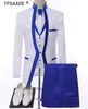 White Royal Blue Rim Stage Kleding voor Mannen Pak Set Mens Bruiloft Pakken Kostuum Bruidegom Tuxedo Formeel (Jas + Broek + Vest + Tie)