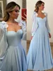Light Blue Evening Dresses Scoop Capped Feather Appliques Poet Long Sleeves Women Formal Party Gown A Line Chiffon Floor Length Prom Dresses