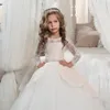 Jewel Neck White Pink Beads Flower Girls Dresses Toddler Children Back Bow Tiered Skirt Floor Length Tulle Girls Pageant Dresses