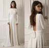 Lihi Hod Satin A-Line Wedding Dresses with Bow Sash Long Sleeve Backless High Side Split Wedding Dress Bridal Gown Robe de Mariee Custom