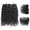 Ishow Indien Bundles de Cheveux Humains Trame Gros Péruvien Brésilien Vierge Extensions de Cheveux Vague d'Eau 4 pcs 8-28 pouces Avec Dentelle Frontale Fermeture pour Femmes Jet Noir